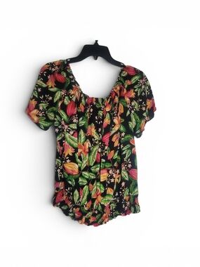 Nicole Miller Black Floral Peasant Blouse with Pink & Green Leaves